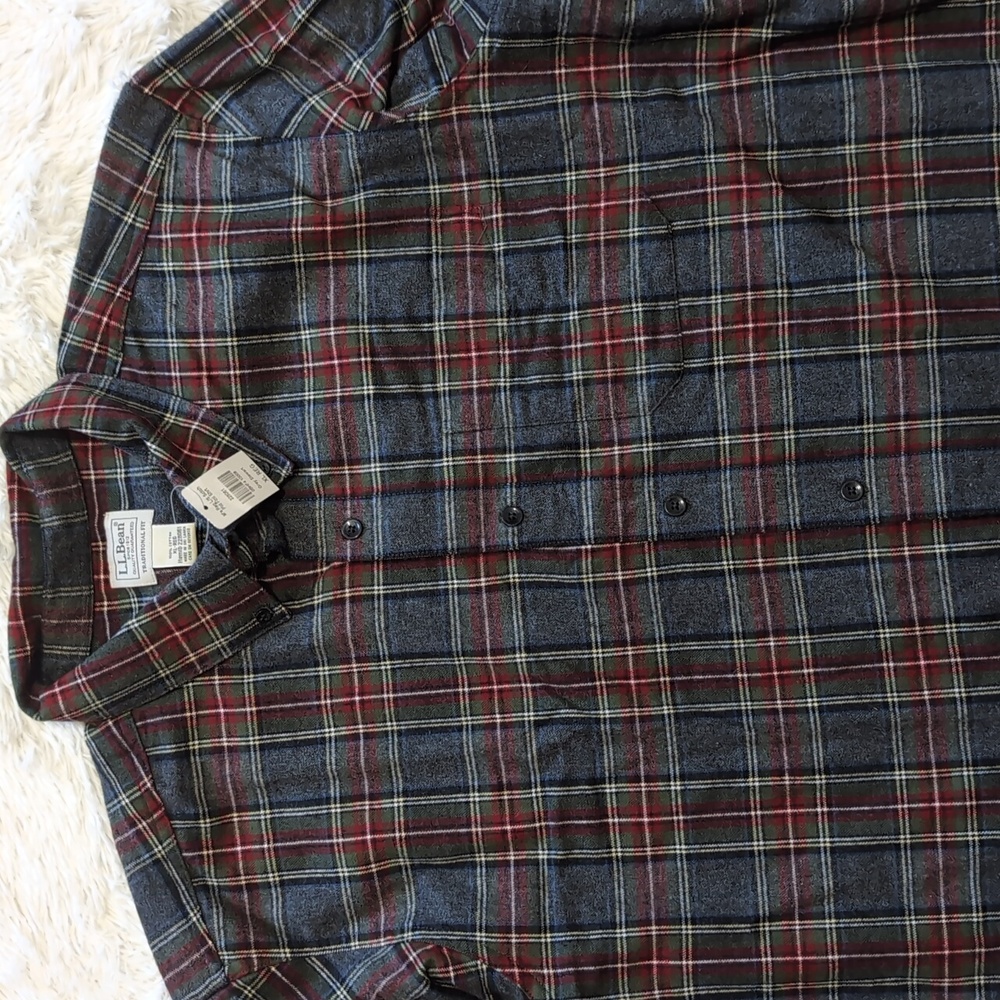 NWT L.L. Bean Grey Stewart Scotch Plaid Flannel Button Up Shirt Size XL - Picture 3 of 7